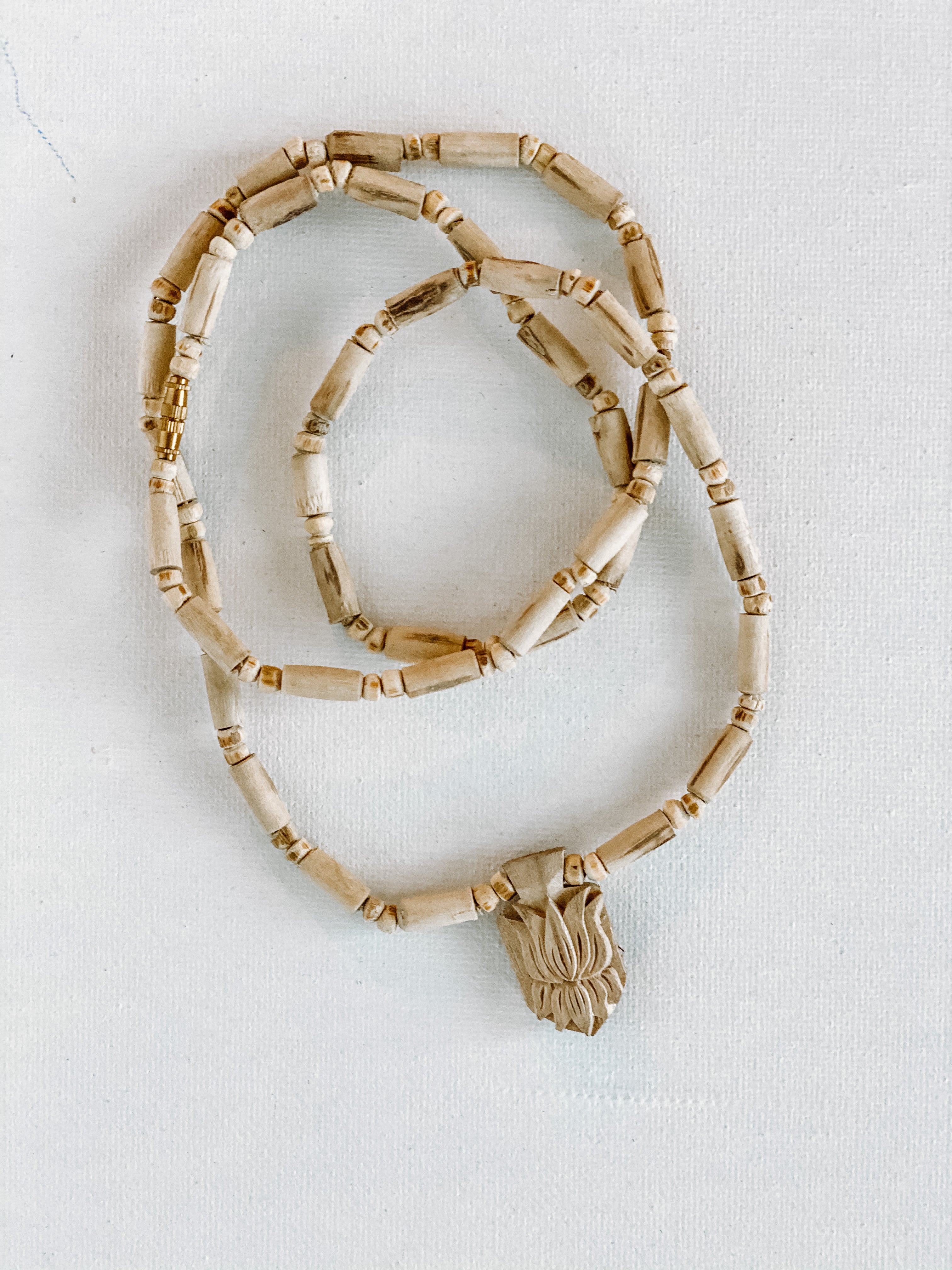 Tulsi Wood Lotus Pendant Necklace 24”