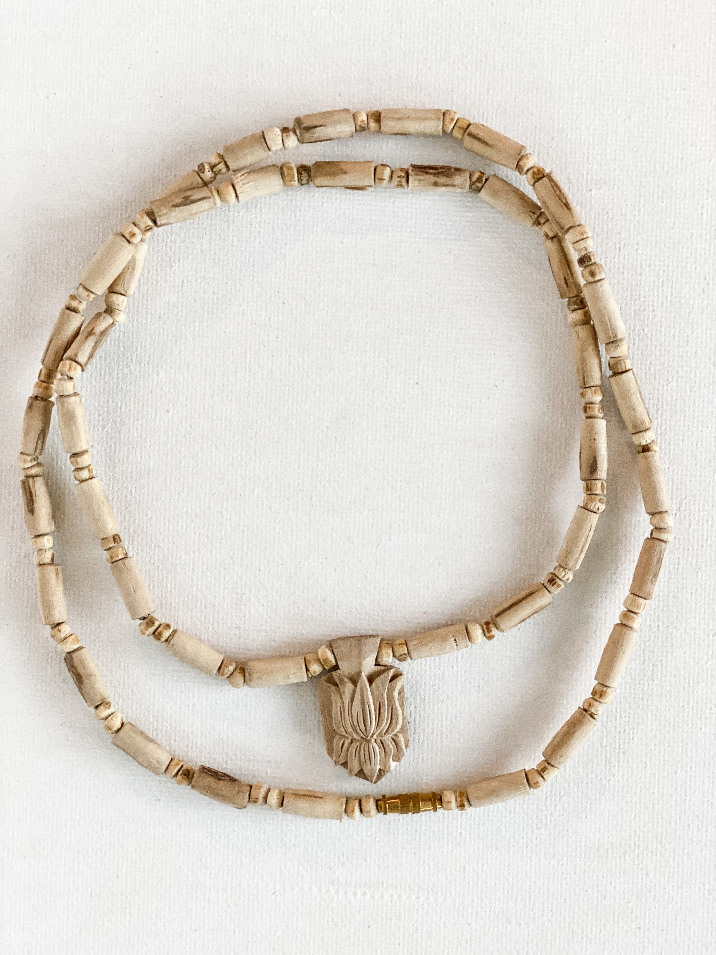 Tulsi Wood Lotus Pendant Necklace 24”